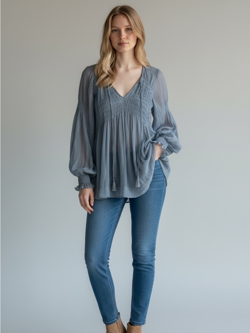 Free People Long Sleeve Sheer Tunic Top XS Smocked Baby Blue Whimsical Fairy